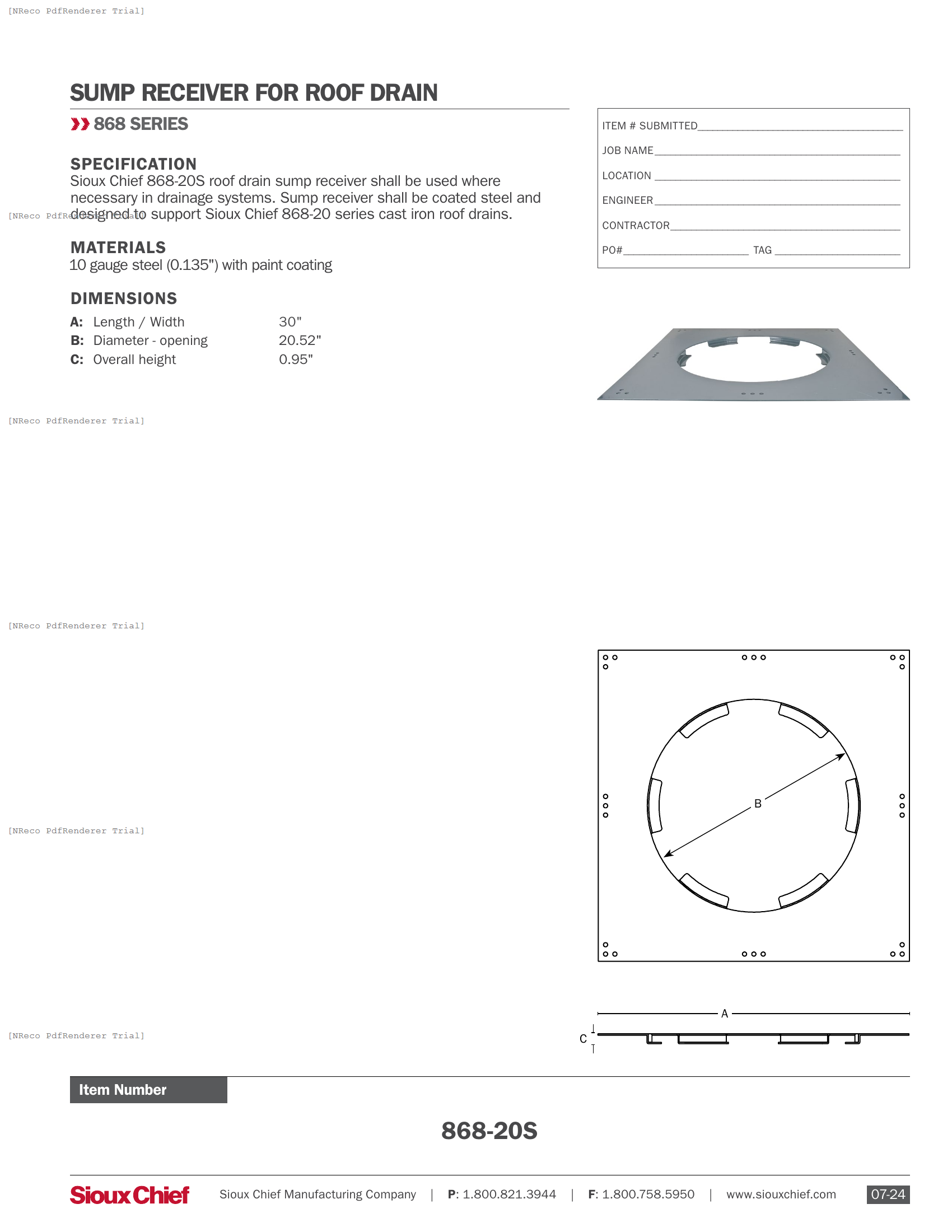 868-20S - ROOF DRAIN SUMP RECEIVER - SPEC SHEET.PDF Specification Document